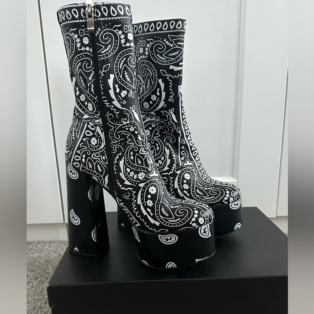 Black Paisley Platform Booties - Women's High Block Heels